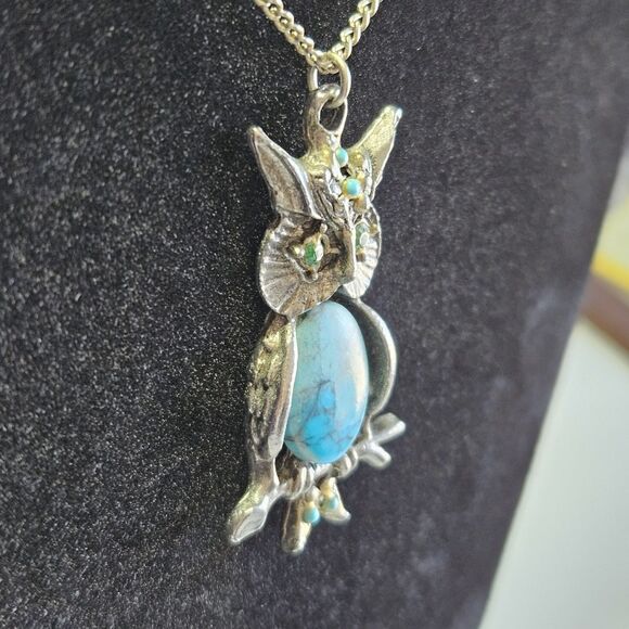 Silver Tone Blue Stone Owl Pendant Necklace 18" Chain - Picture 6 of 13